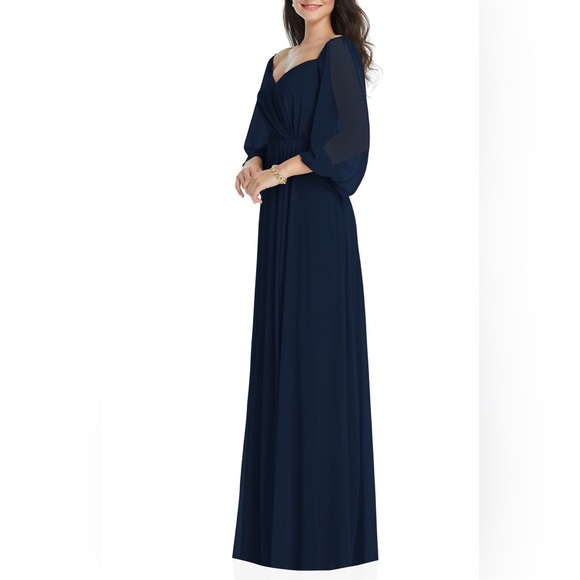 NWT Dessy Collection Sweetheart Off Shoulder Long Sleeve Chiffon Gown in Navy - Picture 3 of 6
